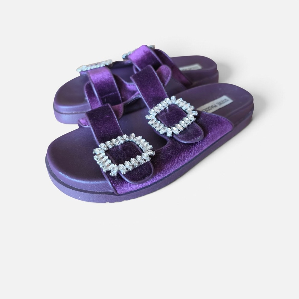 Steve Madden Purple Velvet Rhinestone Buckle Slide Sandals Mystik Womens 7M